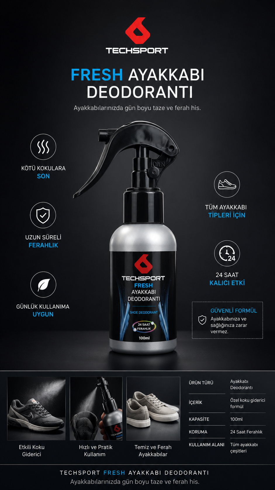 Koku Yok Eden Ayakkabı Spreyi (24 Saat Etkili Deodorant)